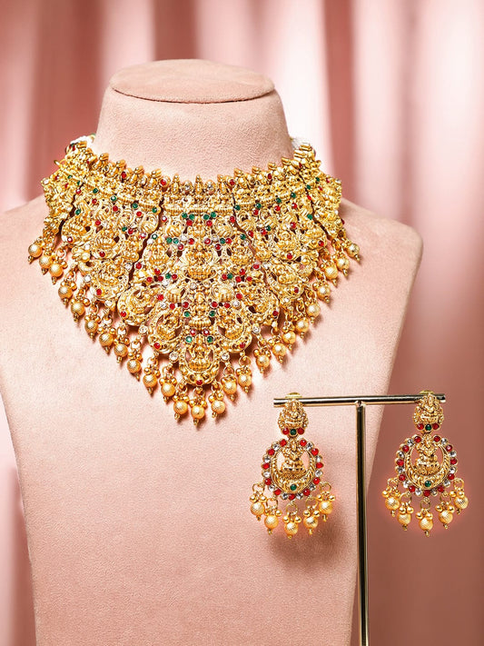 Rubans 24K Gold-Plated Ruby & Emerald Studded Traditional Bridal Temple Necklace with Lakshmi Motif