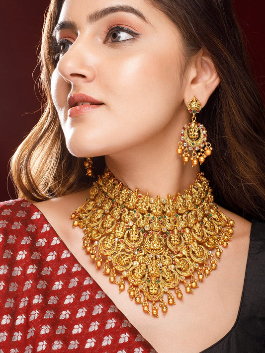 Rubans 24K Gold-Plated Ruby & Emerald Studded Traditional Bridal Temple Necklace with Lakshmi Motif