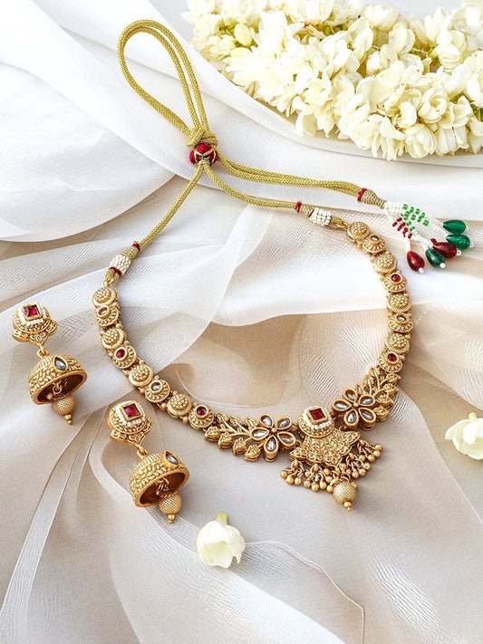 Rubans 24K Gold-Plated Ruby & Kundan Studded Floral Design Necklace Set with Jhumkas