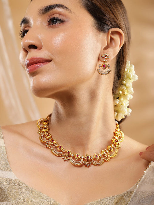 Rubans 24K Gold-Plated Ruby Pink & Cubic Zirconia Studded Temple Necklace Set with Chandbali Earrings