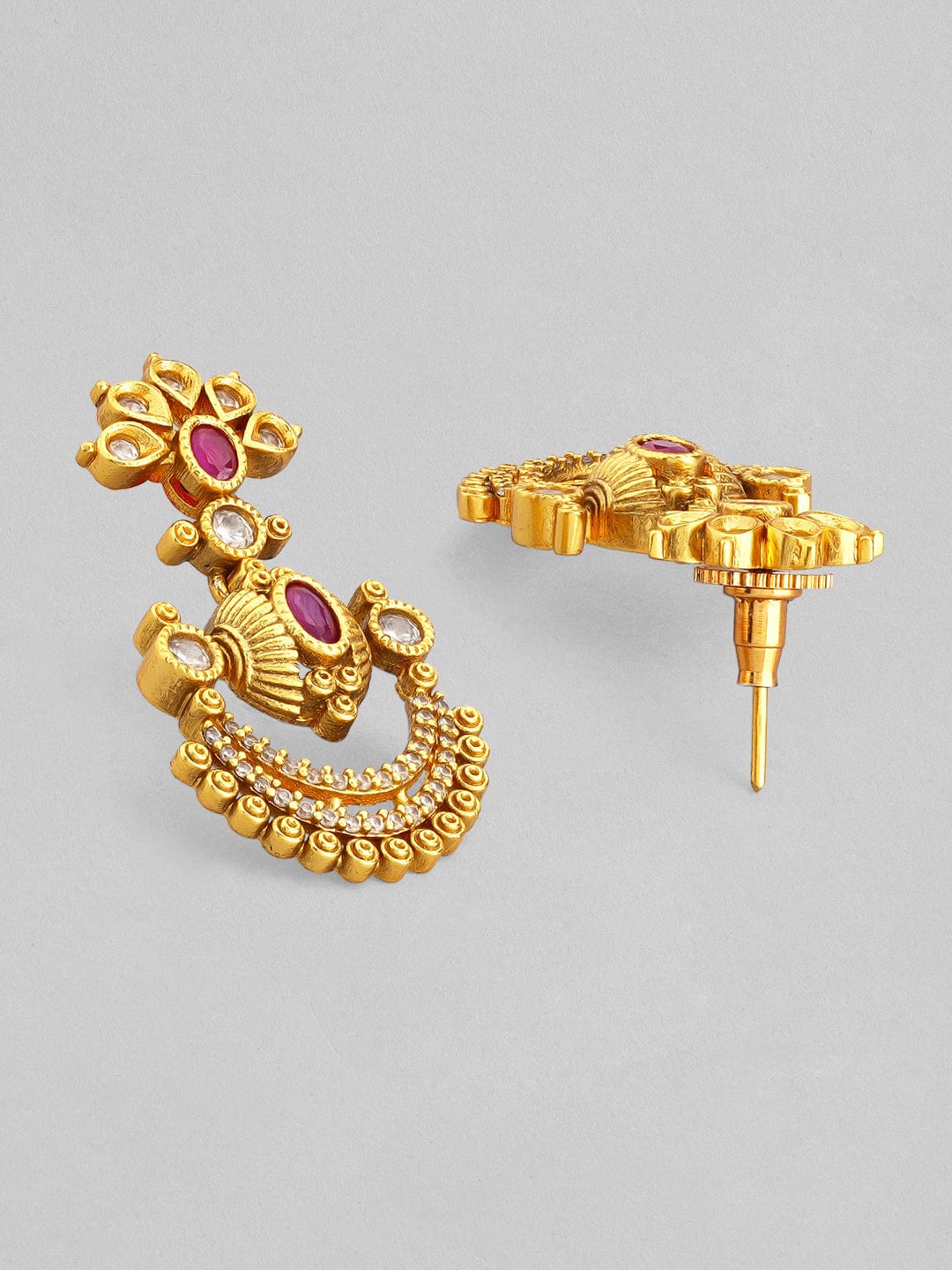 Rubans 24K Gold-Plated Ruby Pink & Cubic Zirconia Studded Temple Necklace Set with Chandbali Earrings