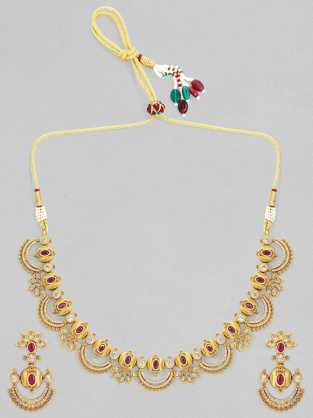 Rubans 24K Gold-Plated Ruby Pink & Cubic Zirconia Studded Temple Necklace Set with Chandbali Earrings