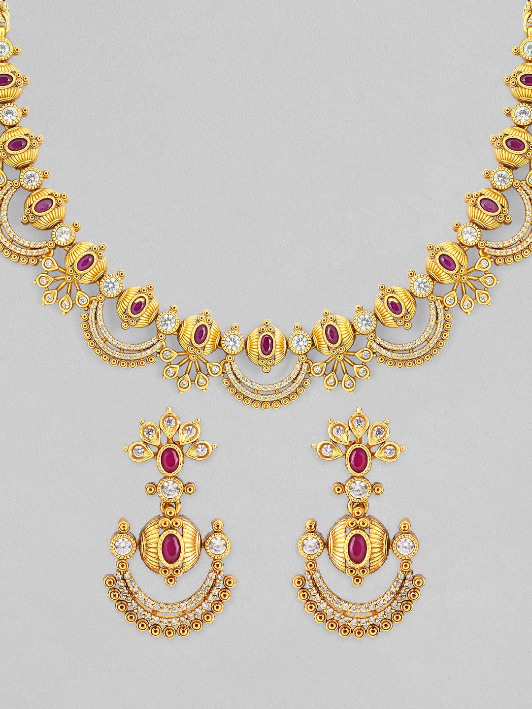 Rubans 24K Gold-Plated Ruby Pink & Cubic Zirconia Studded Temple Necklace Set with Chandbali Earrings