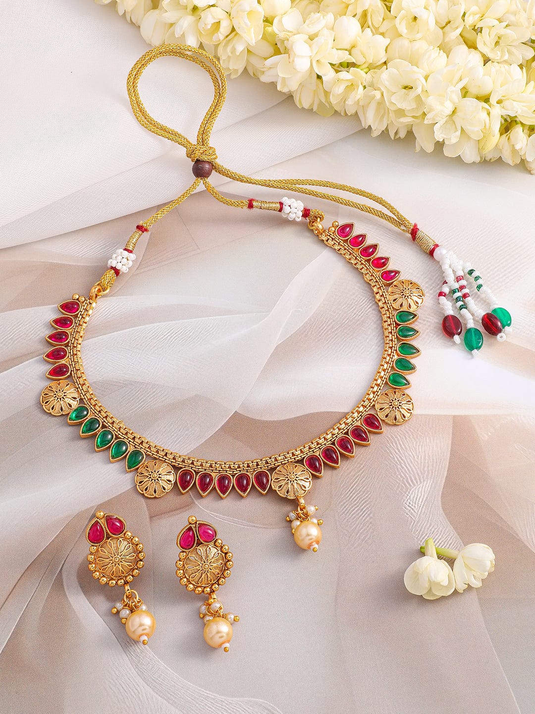 Rubans 24K Gold-Plated Ruby Red & Emerald Green Kundan Studded Necklace Set with Pearl Drops