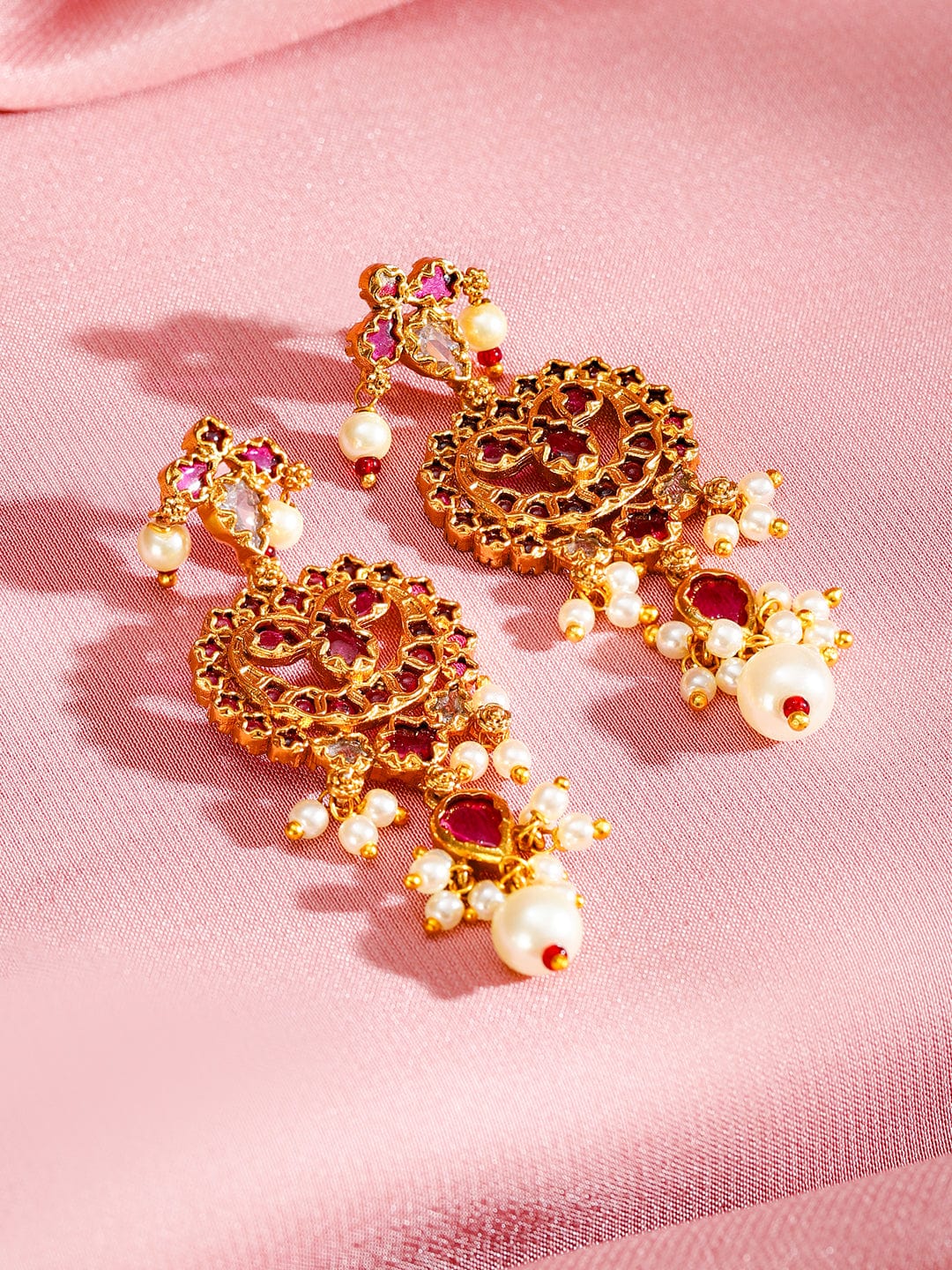 Rubans 24K Gold-Plated Ruby Studded & Pearl Beaded Handcrafted Choker Necklace Set