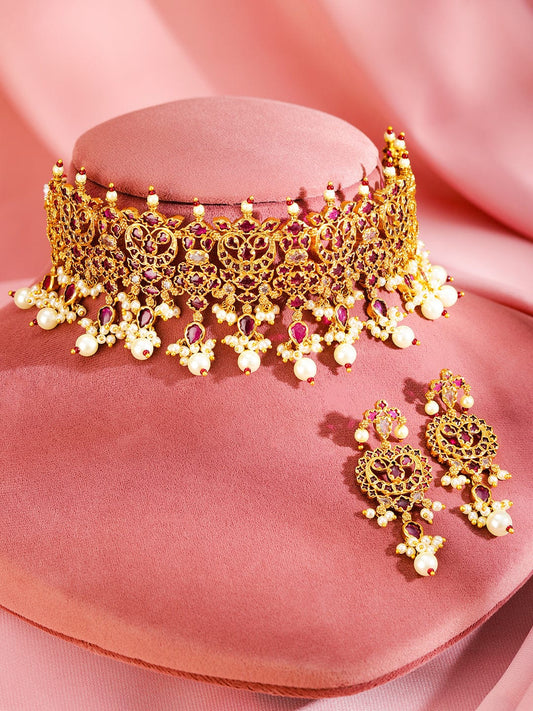 Rubans 24K Gold-Plated Ruby Studded & Pearl Beaded Handcrafted Choker Necklace Set