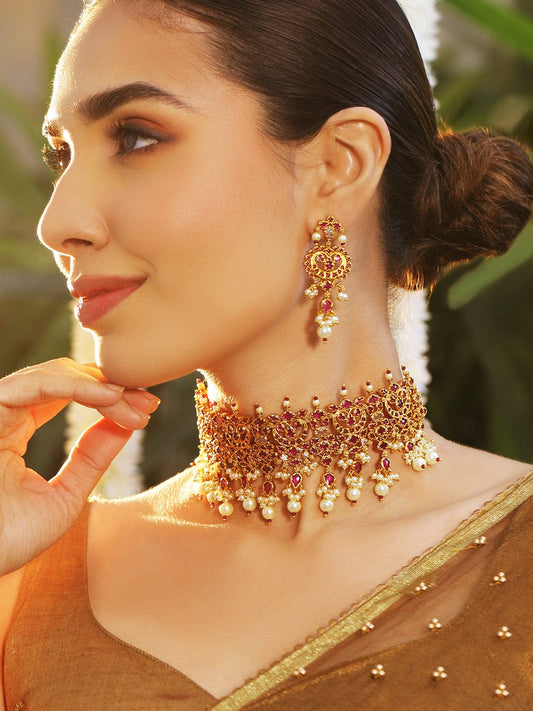 Rubans 24K Gold-Plated Ruby Studded & Pearl Beaded Handcrafted Choker Necklace Set