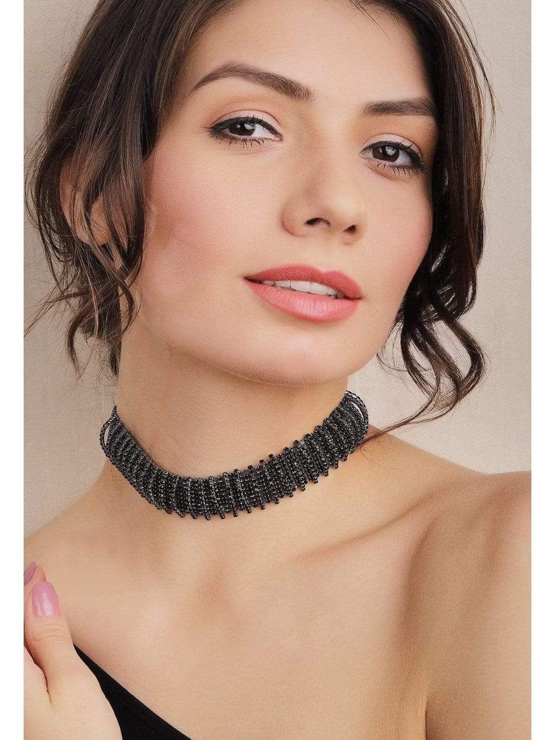 Rubans Rhodium Plated Black Oxidized Rhinestone Studded Statement Choker Necklace