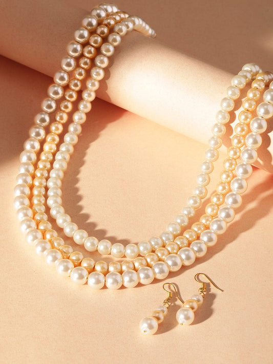 Rubans Cream Pearl beaded triple layer necklace Set