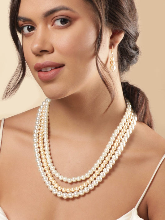 Rubans Cream Pearl beaded triple layer necklace Set