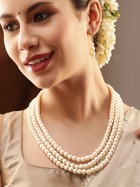 Rubans Cream Tri Layer Pearl Beaded Choker Necklace Set