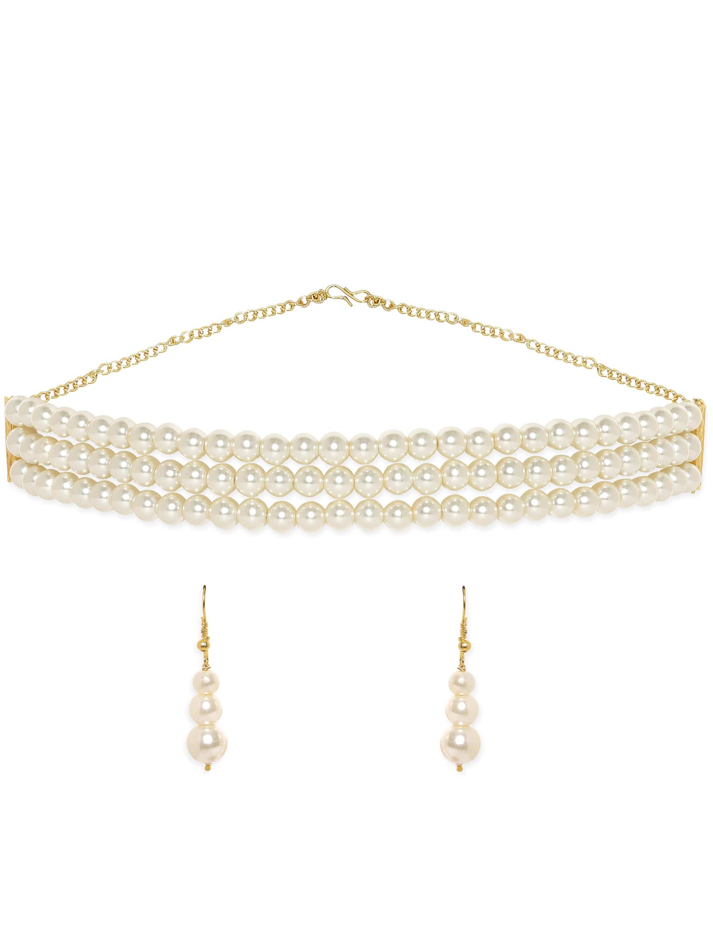 Rubans Cream Tri Layer Pearl Beaded Choker Necklace Set