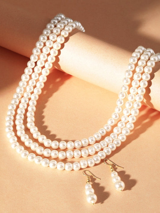 Rubans Cream Tri Layer Pearl Beaded Choker Necklace Set