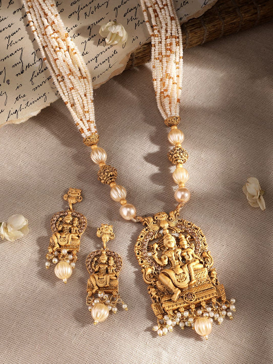 Rubans Divine Union: Lord Shiva and Parvathi Temple Jewellery with White Beads Chain Necklace Set