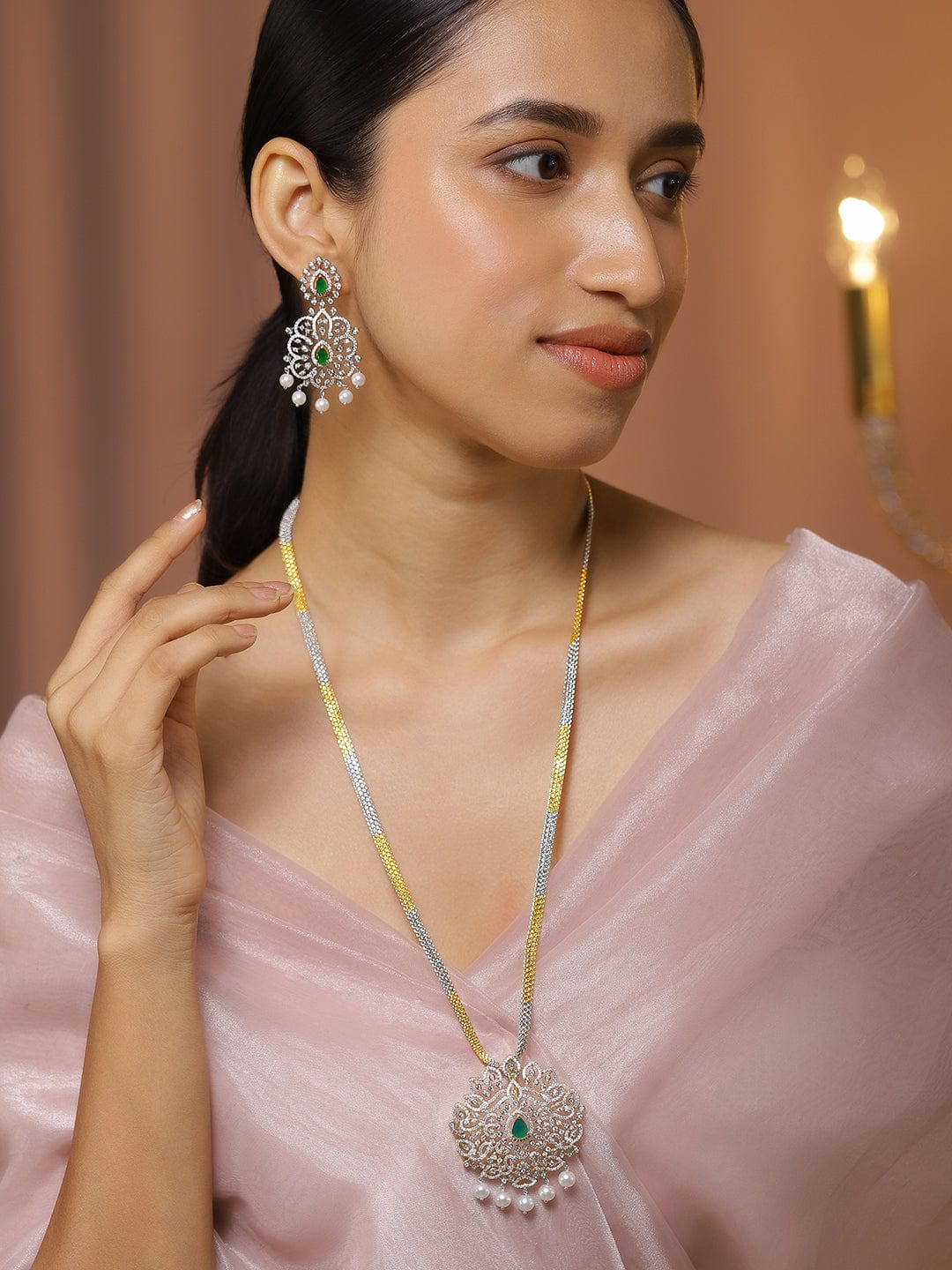 Rubans Dual-Tone Gold & Silver Plated Emerald Green & Cubic Zirconia Studded Necklace Set with White Pearls