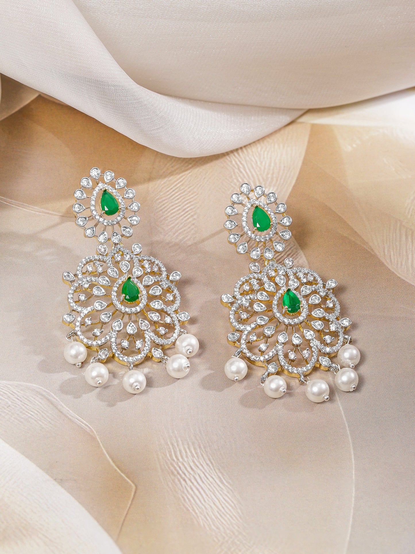 Rubans Dual-Tone Gold & Silver Plated Emerald Green & Cubic Zirconia Studded Necklace Set with White Pearls