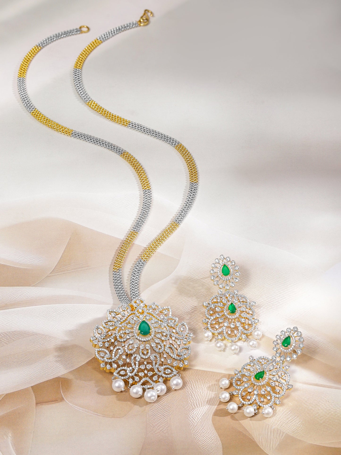 Rubans Dual-Tone Gold & Silver Plated Emerald Green & Cubic Zirconia Studded Necklace Set with White Pearls