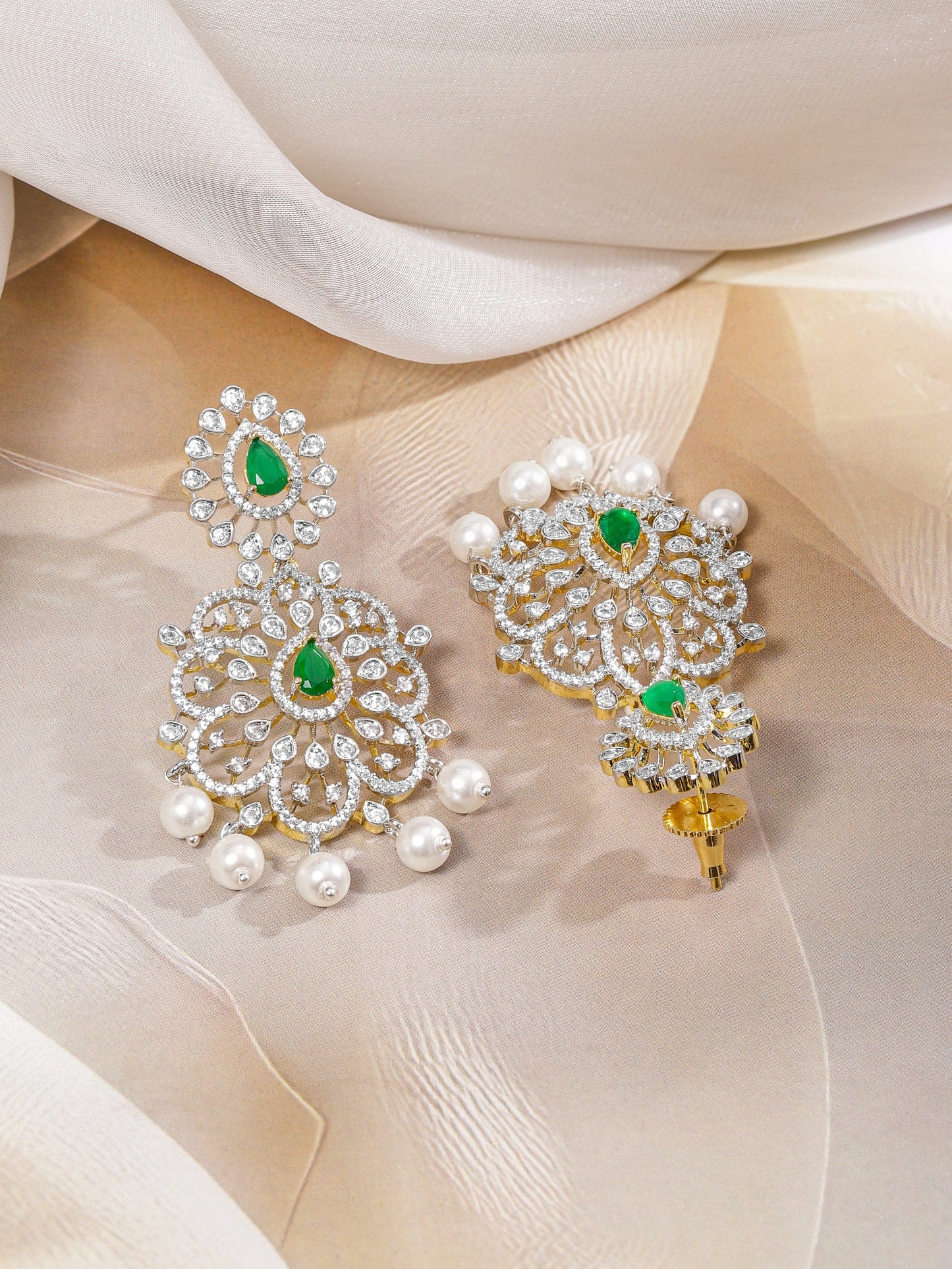Rubans Dual-Tone Gold & Silver Plated Emerald Green & Cubic Zirconia Studded Necklace Set with White Pearls