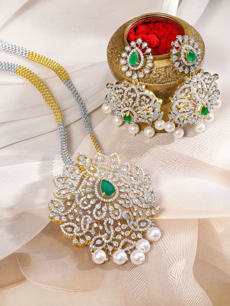 Rubans Dual-Tone Gold & Silver Plated Emerald Green & Cubic Zirconia Studded Necklace Set with White Pearls