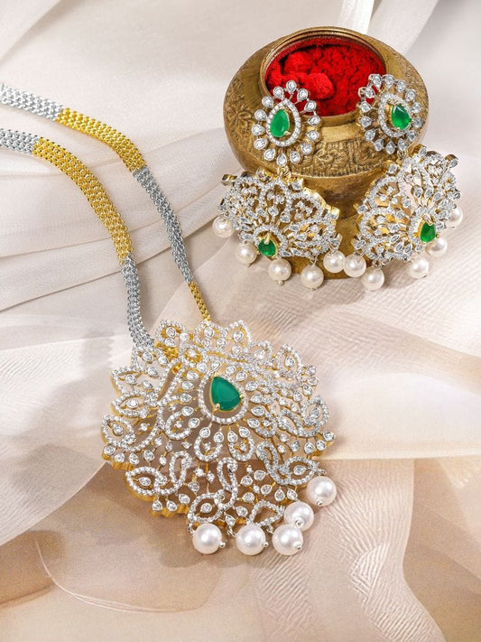 Rubans Dual-Tone Gold & Silver Plated Emerald Green & Cubic Zirconia Studded Necklace Set with White Pearls