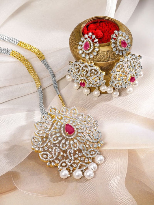 Rubans Dual-Tone Gold & Silver Plated Ruby Pink & Cubic Zirconia Studded Necklace Set with White Pearls