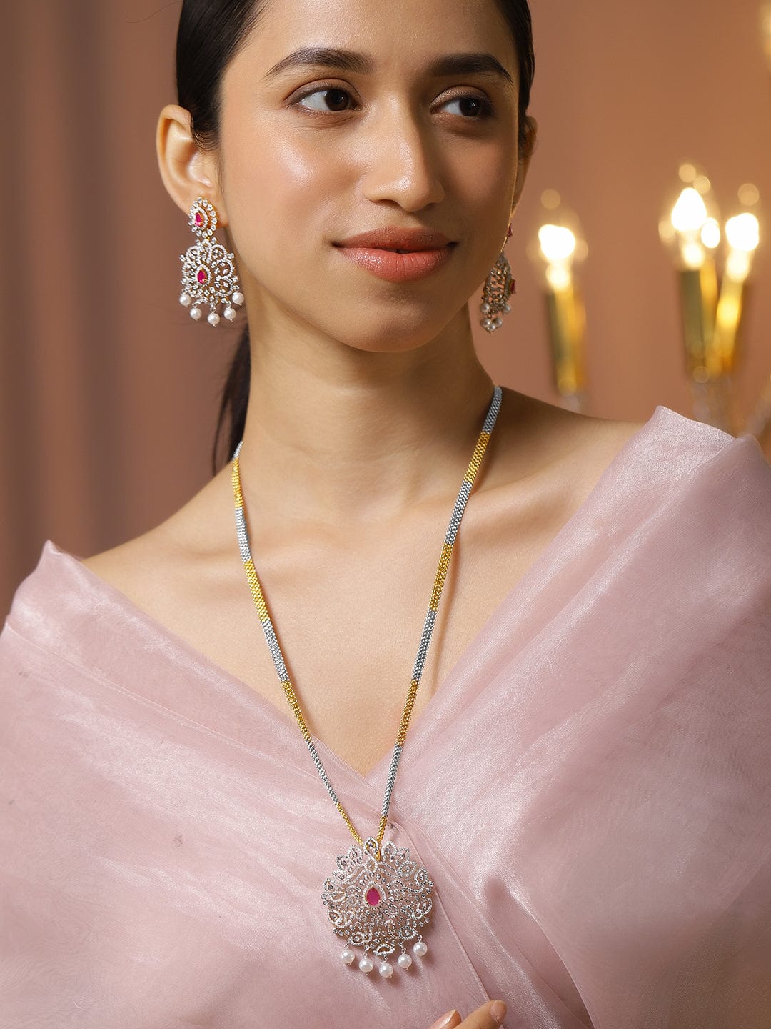 Rubans Dual-Tone Gold & Silver Plated Ruby Pink & Cubic Zirconia Studded Necklace Set with White Pearls