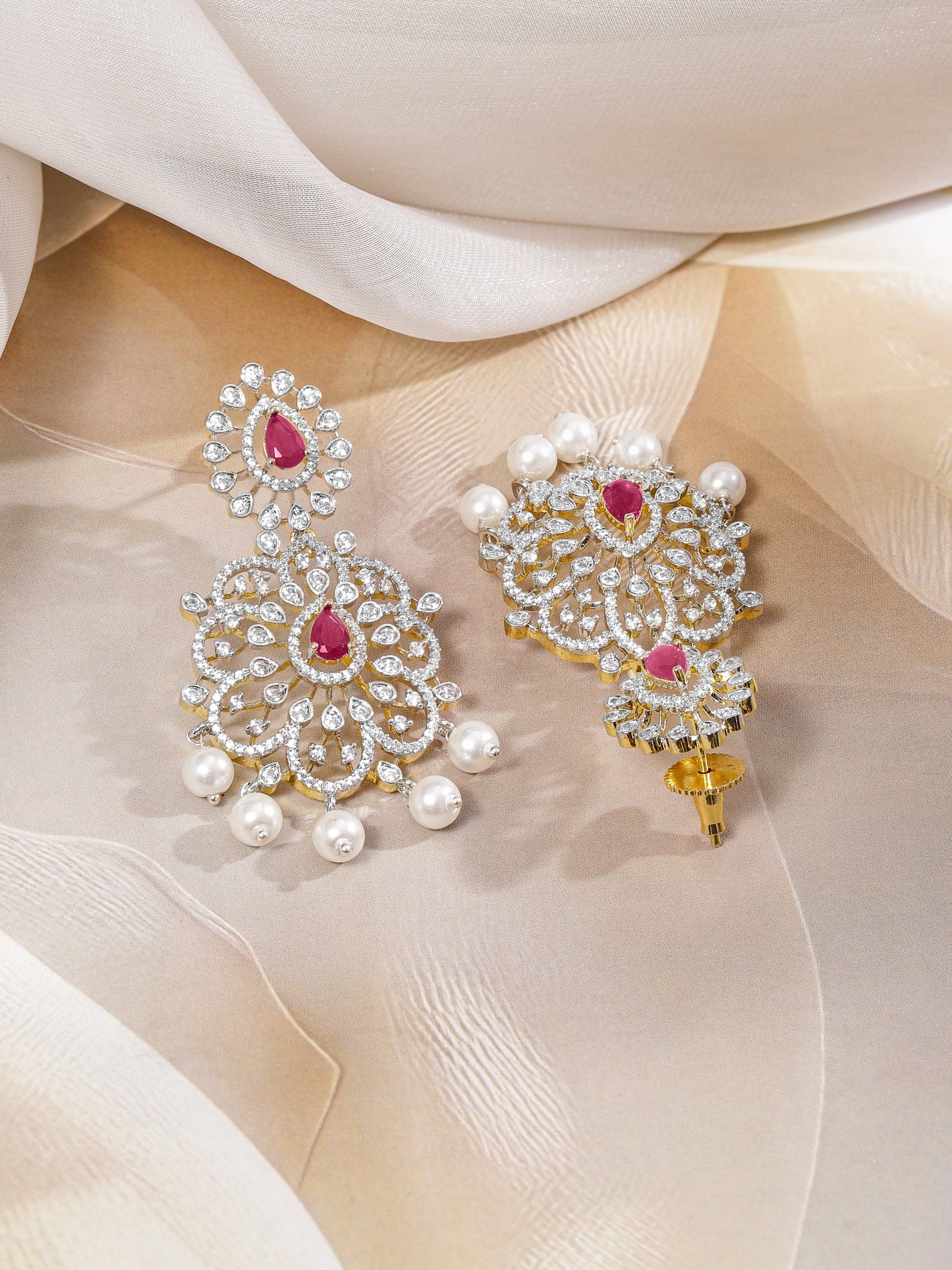 Rubans Dual-Tone Gold & Silver Plated Ruby Pink & Cubic Zirconia Studded Necklace Set with White Pearls