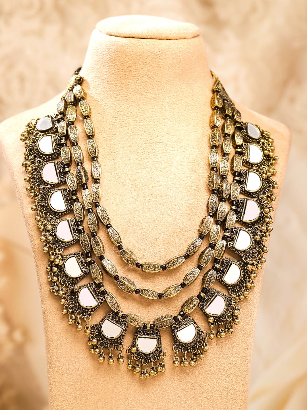 Rubans Dual Tone in Silver and Gold, Mirror Detailing with Gold Beads Multilayer Necklace