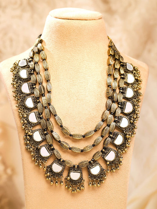 Rubans Dual Tone in Silver and Gold, Mirror Detailing with Gold Beads Multilayer Necklace