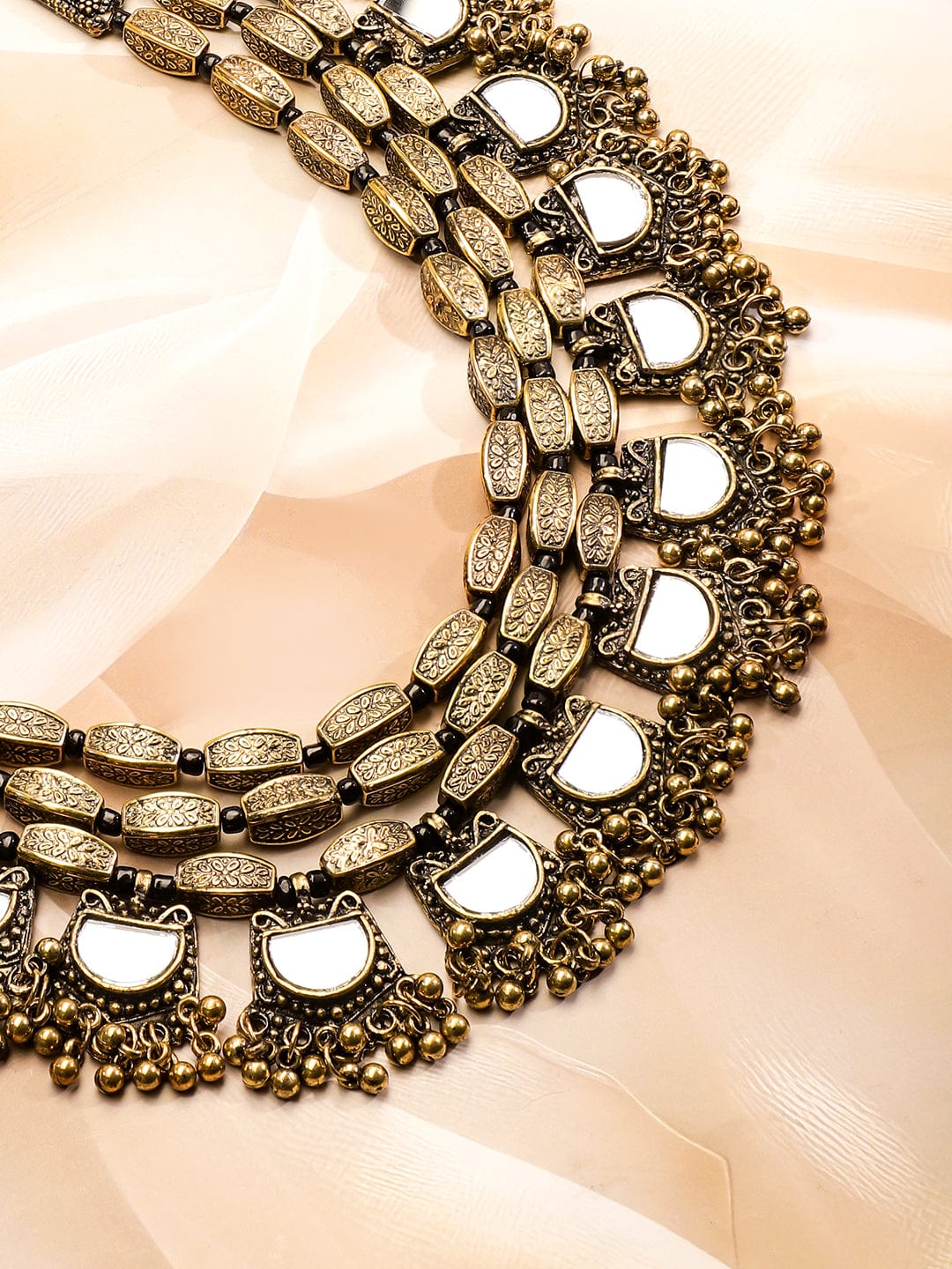 Rubans Dual Tone in Silver and Gold, Mirror Detailing with Gold Beads Multilayer Necklace
