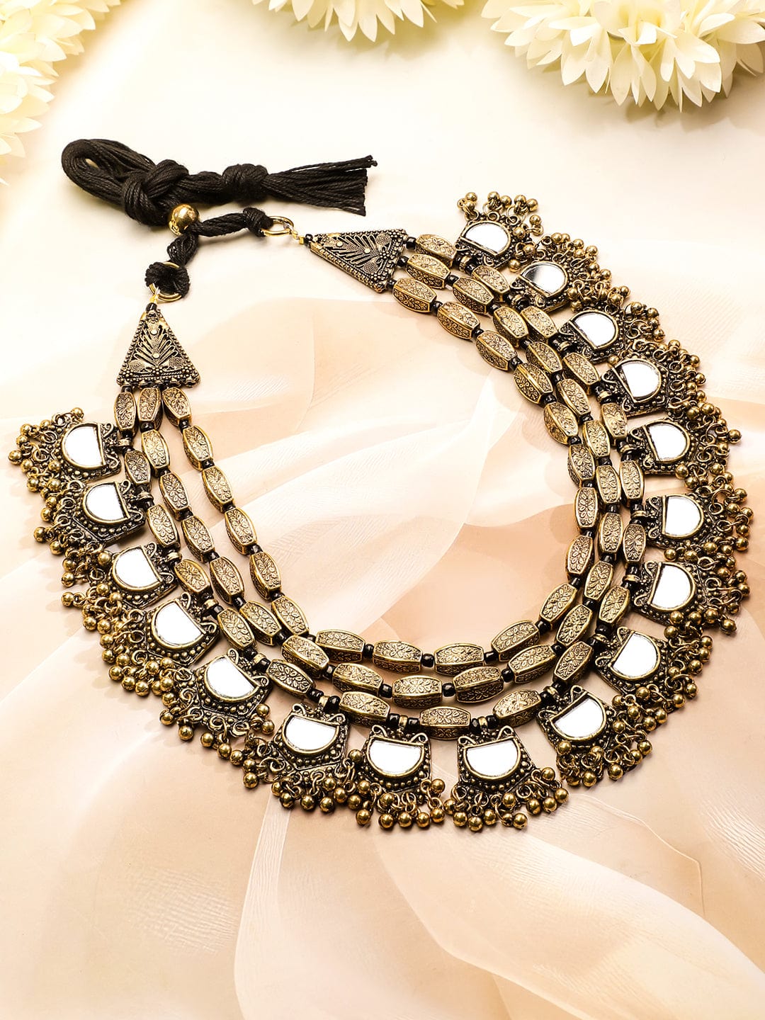 Rubans Dual Tone in Silver and Gold, Mirror Detailing with Gold Beads Multilayer Necklace