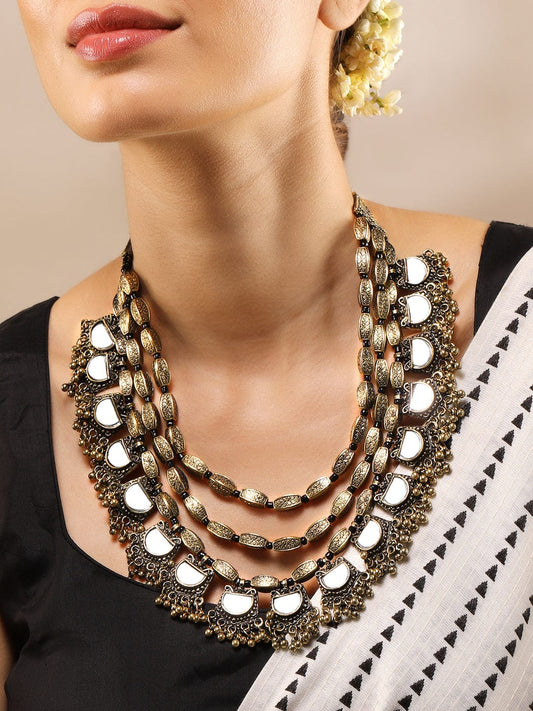 Rubans Dual Tone in Silver and Gold, Mirror Detailing with Gold Beads Multilayer Necklace
