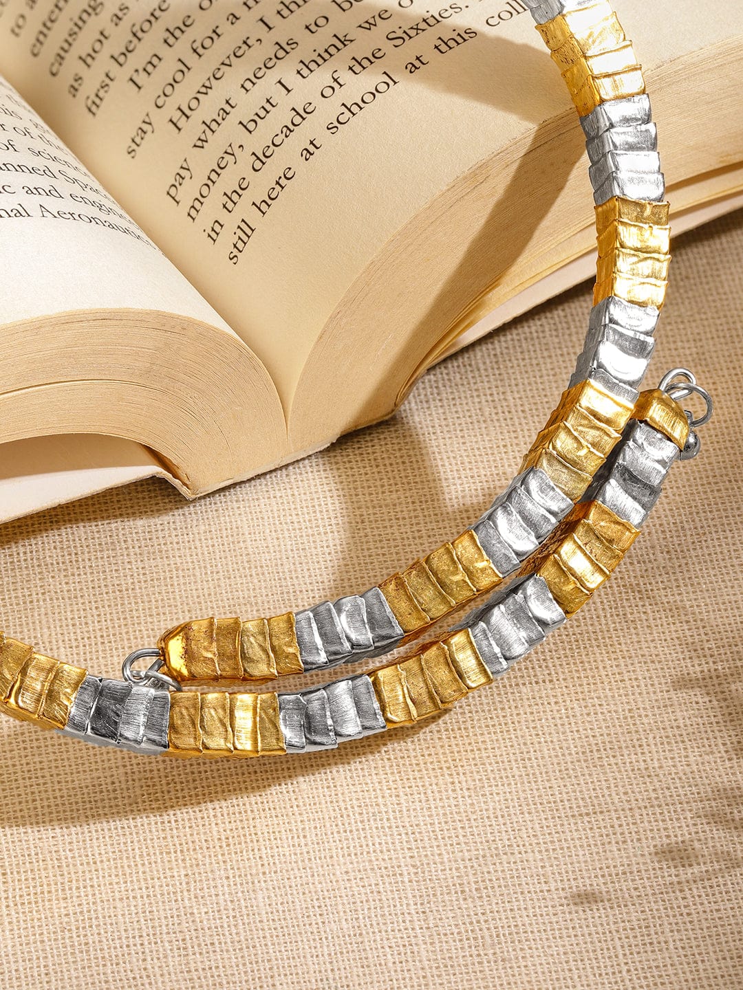Rubans Dual-Toned Gold & Silver Plated Textured Link Statement Bold Choker Necklace for Women – Perfect for Party & Western Looks