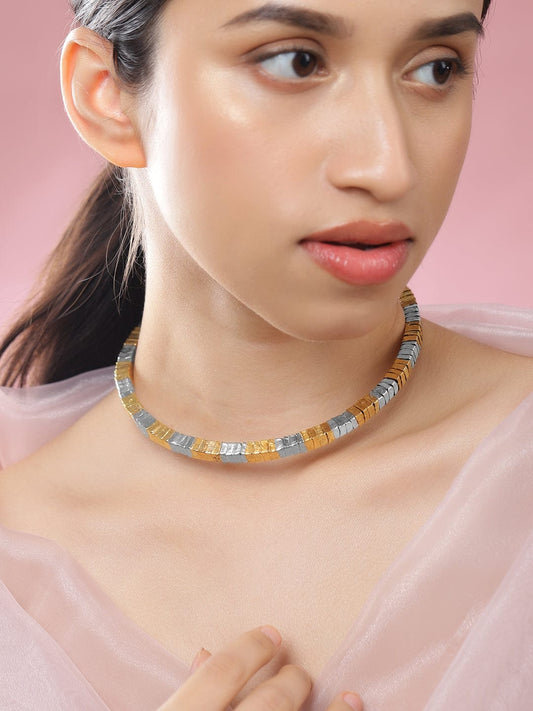 Rubans Dual-Toned Gold & Silver Plated Textured Link Statement Bold Choker Necklace for Women – Perfect for Party & Western Looks