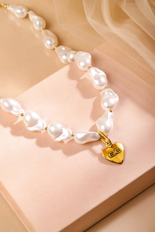 Rubans 18K Gold-Plated White Pearl Necklace with Heart Pendant - Premium Designer Jewelry