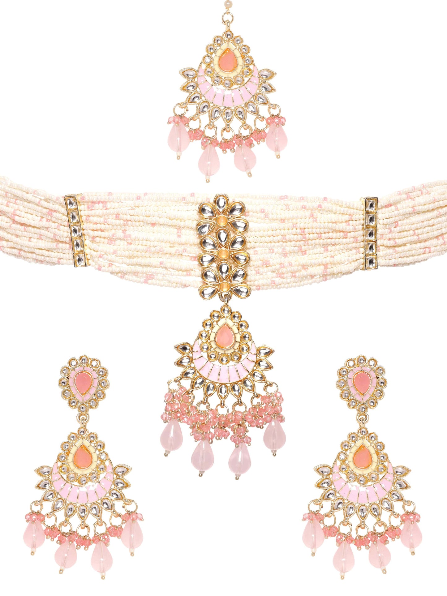 Rubans Enchanting Blush Pink Enamel Kundan Beaded Necklace Set