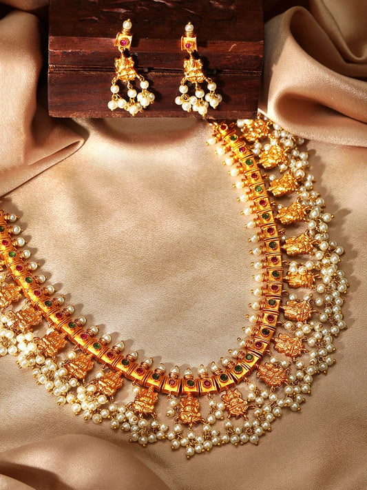 Rubans Finely Handcrafted Gold Plated Faux Ruby Studded Pearl Embellished Necklace Set