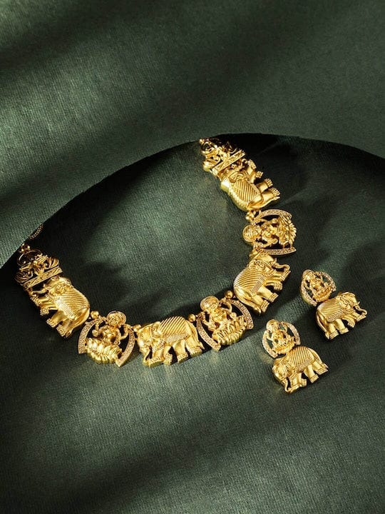 Rubans Gilded Elegance Gold-Plated AD-studded Lakshmi Designer Necklace & Earrings