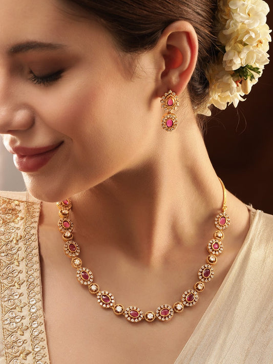 Rubans Glistening Gold Tone Necklace Set with Pink & White Stones