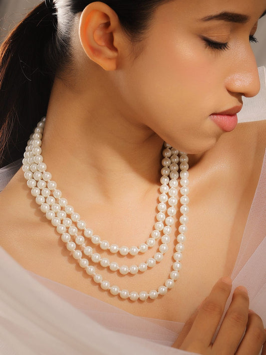 Rubans Glossy White Pearl Multi Layered Necklace Statement Jewelry