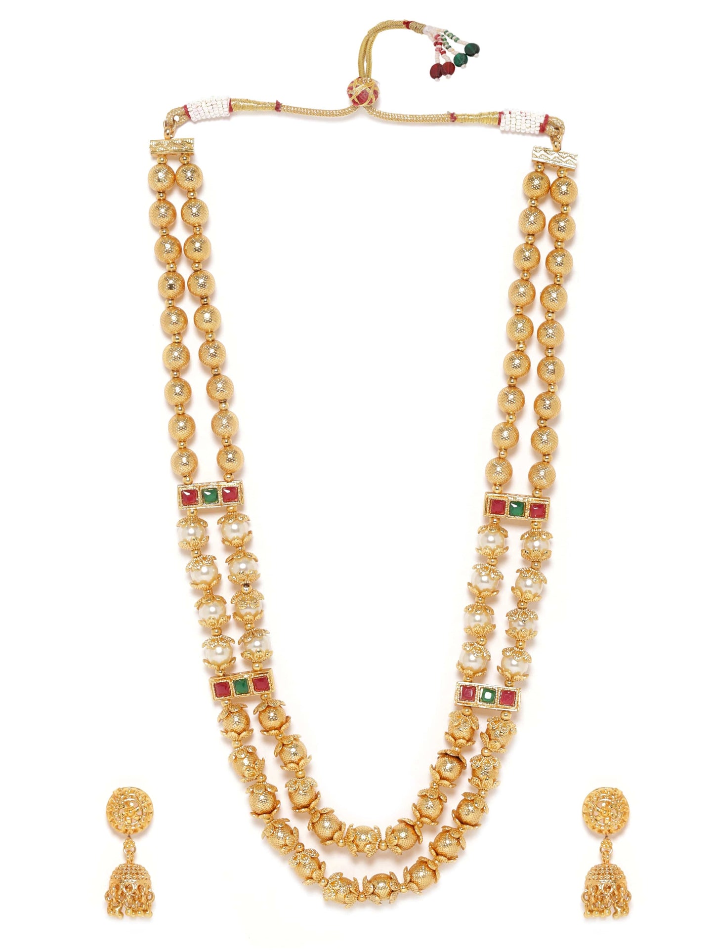 Rubans 22K Gold-Plated Double Layer Temple Necklace Set with Ruby, Green Kundan & Pearl Beads