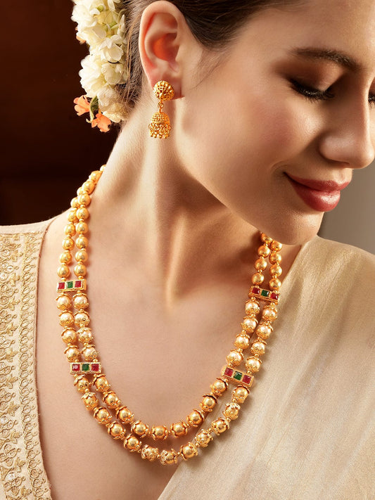 Rubans 22K Gold-Plated Double Layer Temple Necklace Set with Ruby, Green Kundan & Pearl Beads