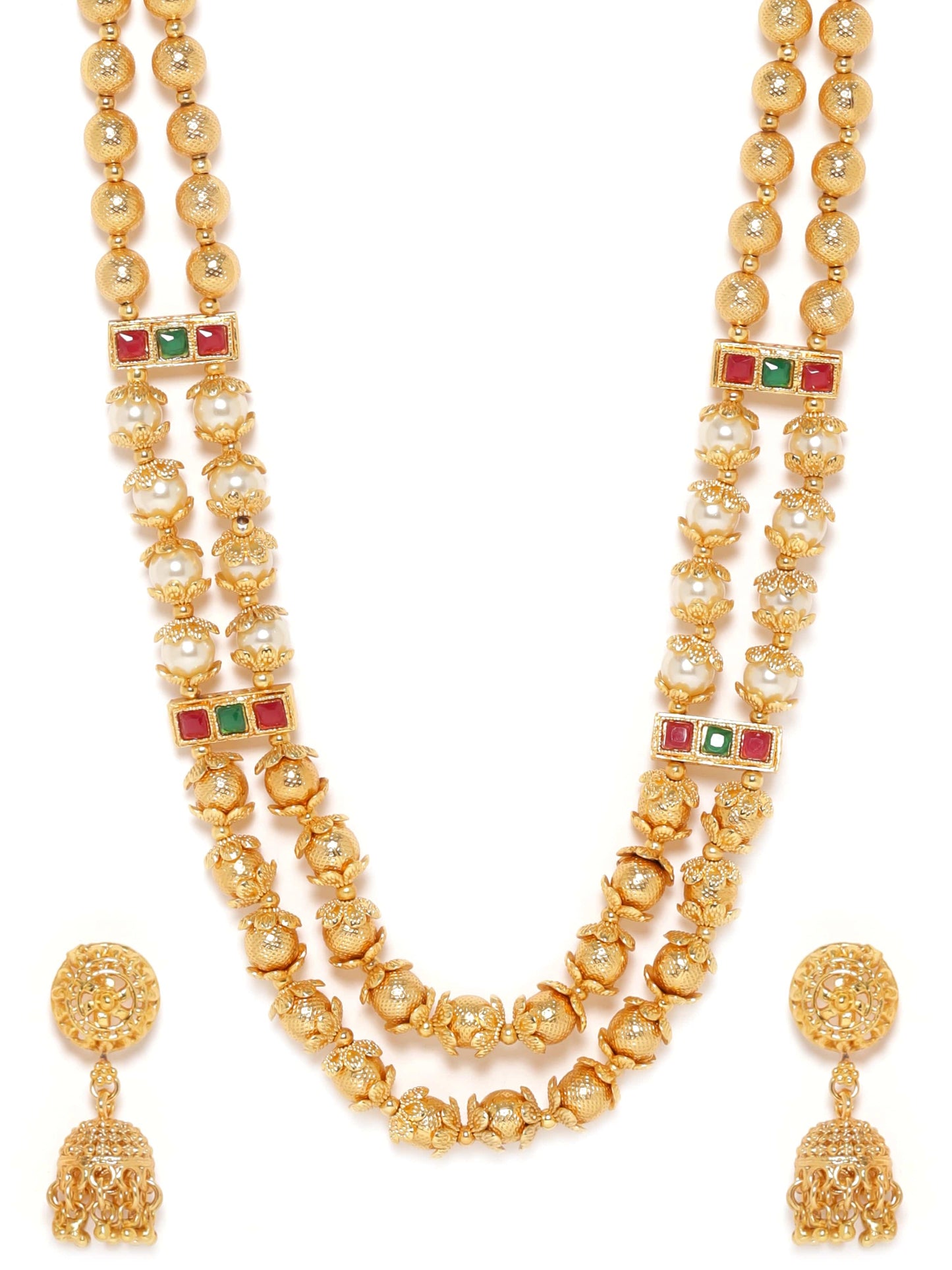 Rubans 22K Gold-Plated Double Layer Temple Necklace Set with Ruby, Green Kundan & Pearl Beads