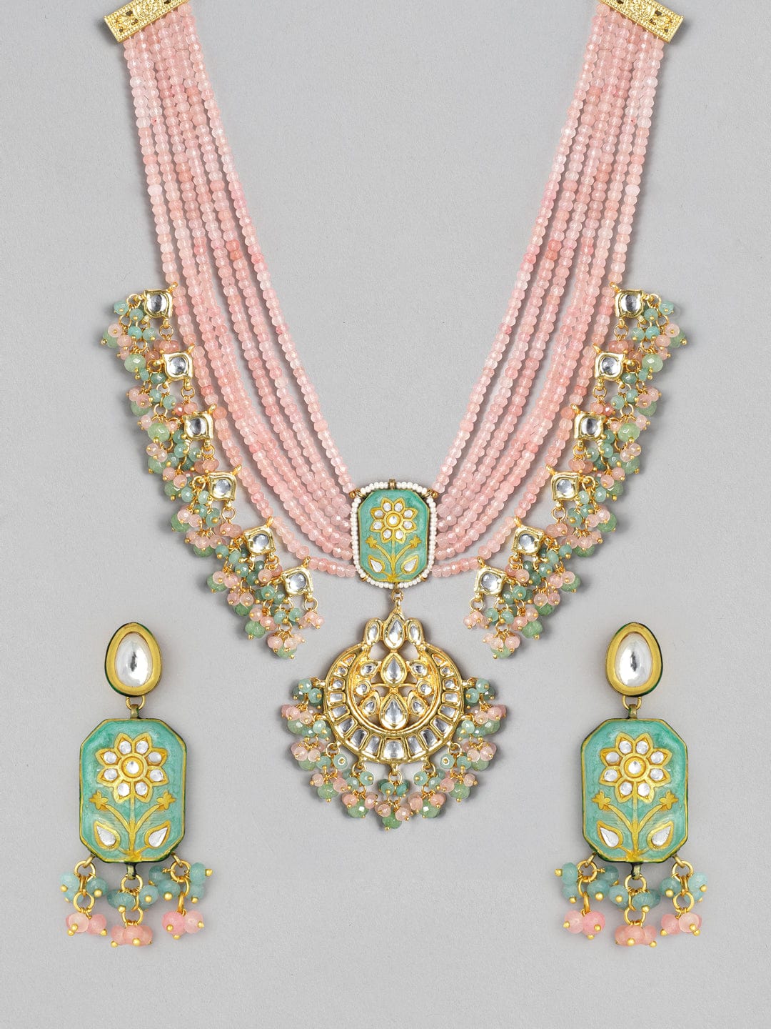 Rubans Gold Plated Handcrafted Enamel & Kundan Pink Beads Necklace Set
