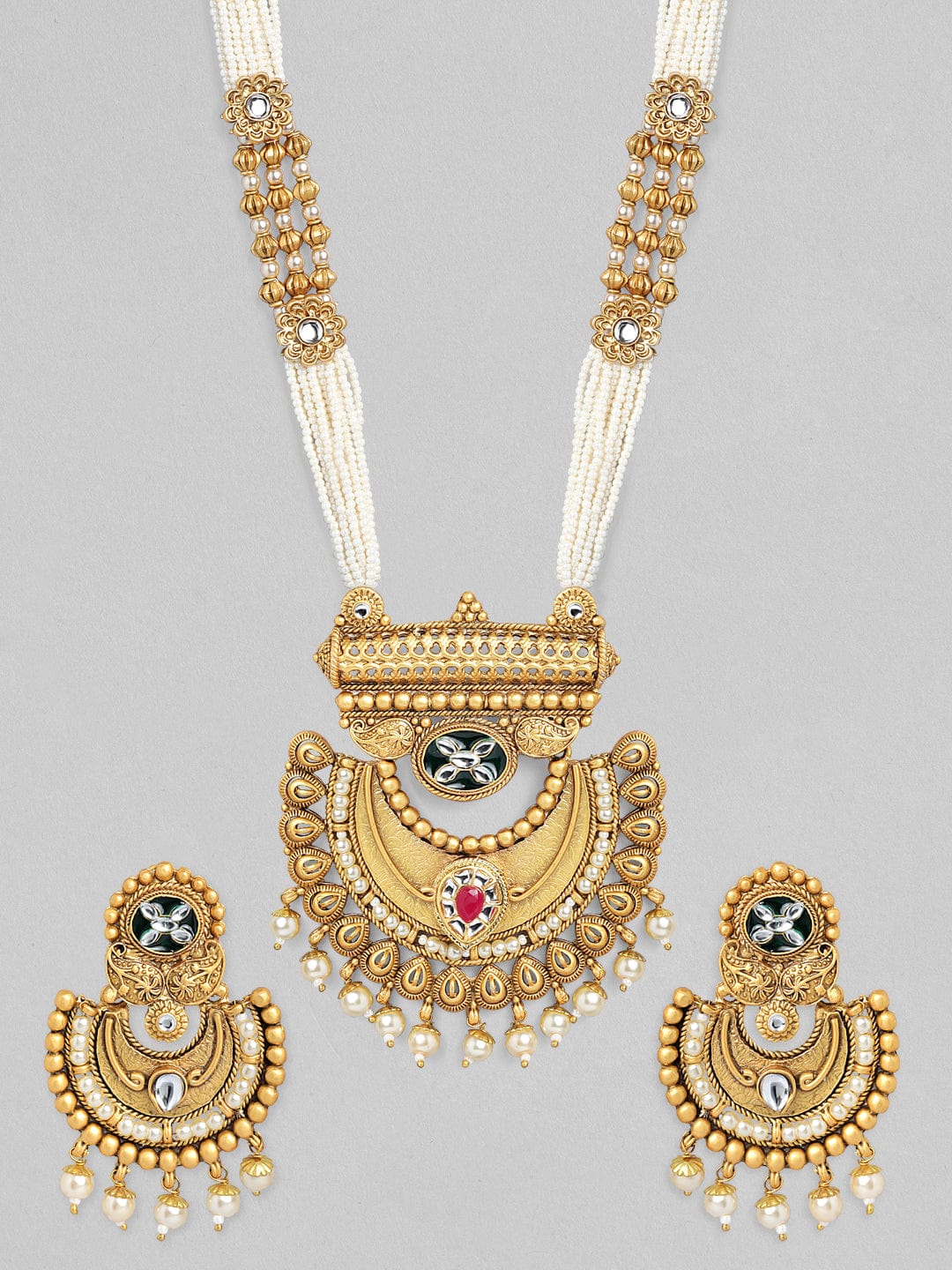 Rubans 22K Gold-Plated Pearl Beaded Multi-Strand Necklace Set with Kundan & Ruby Accents and Earrings