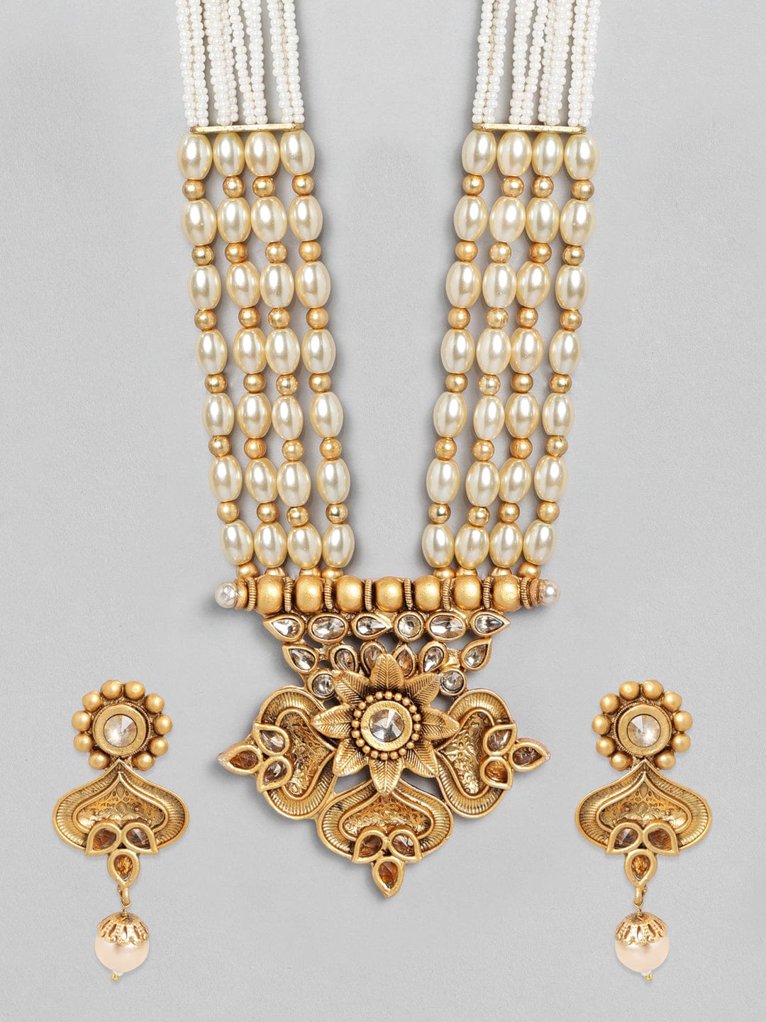 Rubans Gold Plated Handcrafted Kundan & white Beads Necklace Set