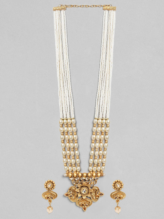 Rubans Gold Plated Handcrafted Kundan & white Beads Necklace Set