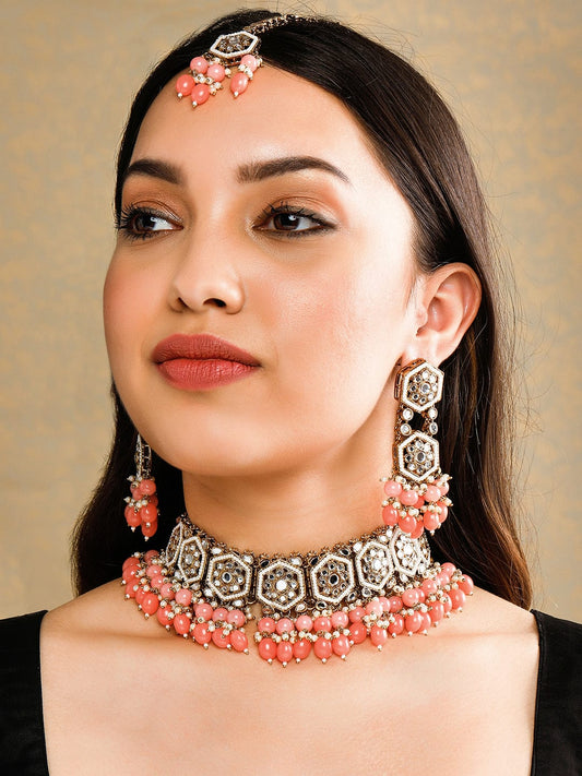 Rubans Gold Plated Handcrafted Mirror Pink Beaded Necklace Set