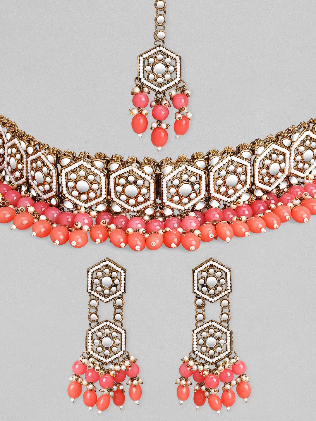 Rubans Gold Plated Handcrafted Mirror Pink Beaded Necklace Set