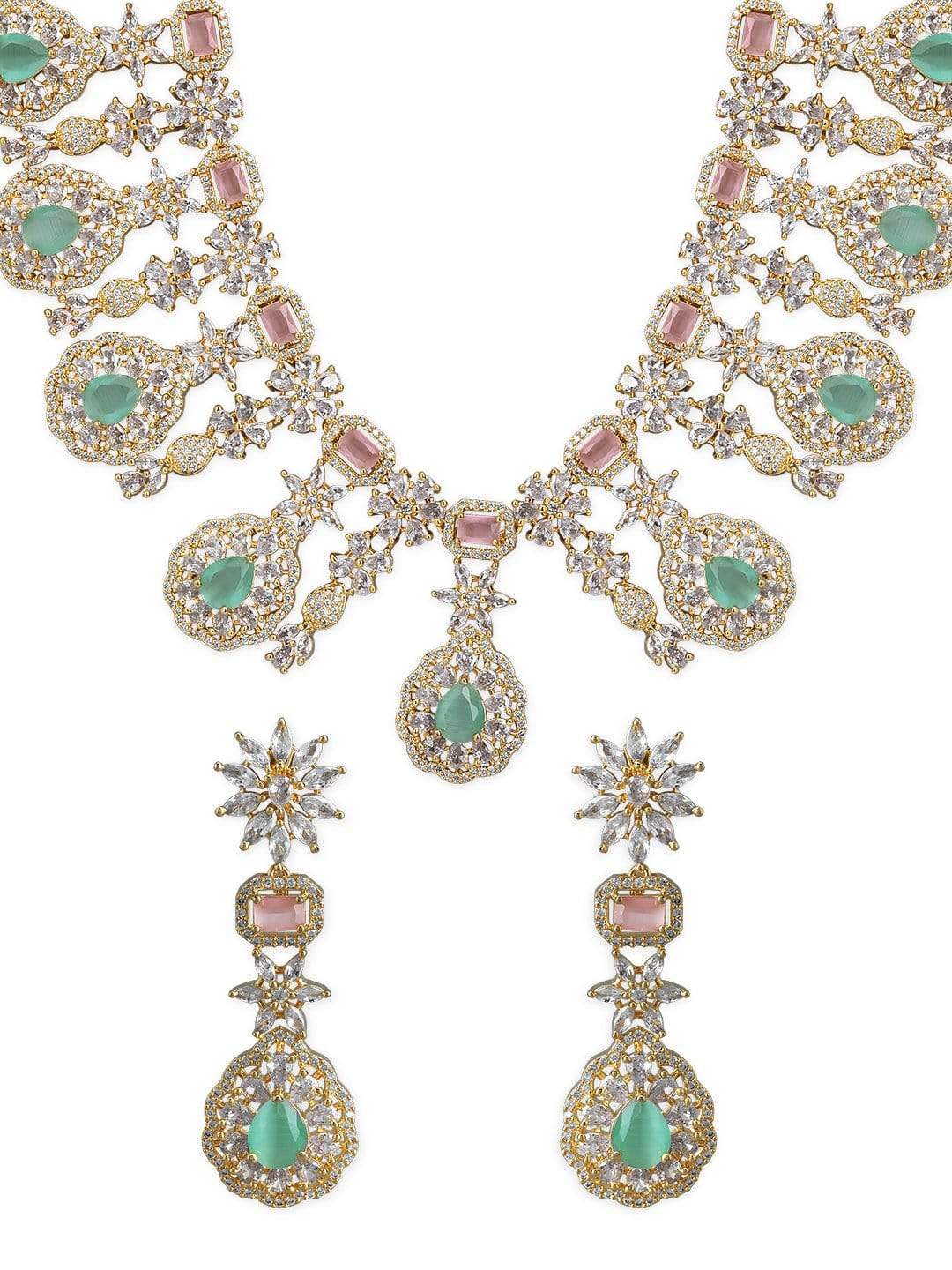 Rubans Gold Plated Handcrafted Pink & Green AD Studded Necklace Set.